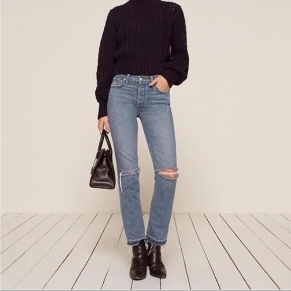 Reformation Winona Distressed Mid-Rise Slim Straight Jeans, Size 25 - Picture 1 of 12